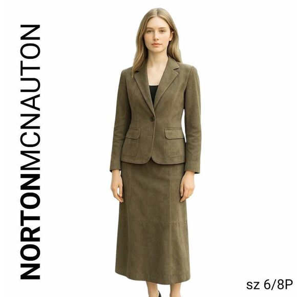Designer Retro Stitched Soft Mossy Green Long Skirt Suit Brand Norton McNaughton - Picture 1 of 13